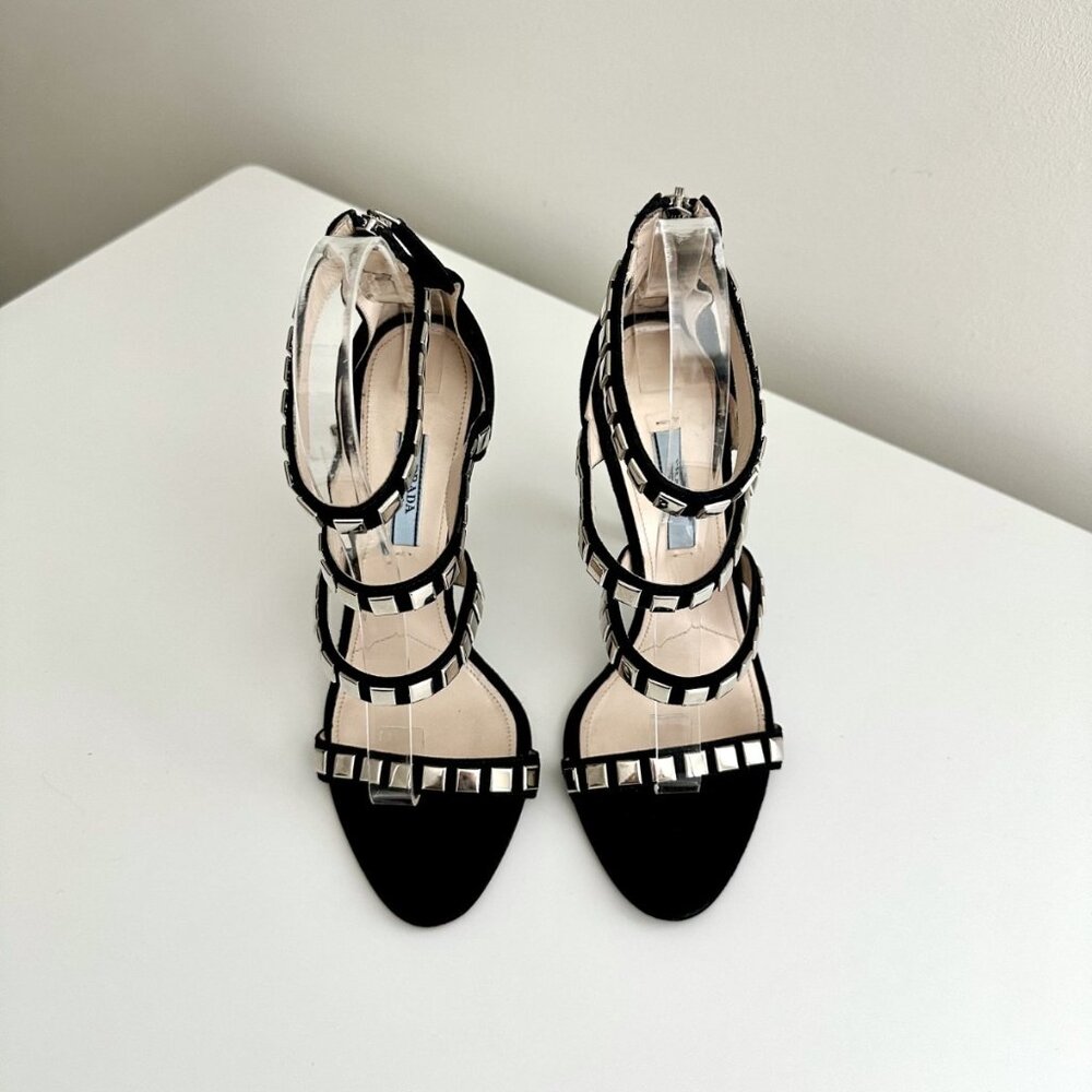 PRADA Black Suede Silver Studded Strappy Sandals Heels Size 38.5 (US 8.5) - Picture 3 of 11